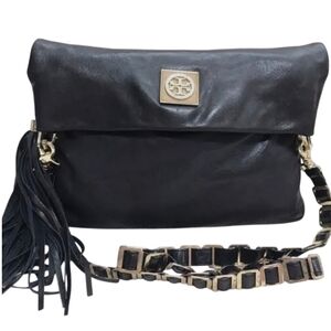 Tory Burch Beautiful Black Leather Women's Handbag w/ Woven Gold Chain Strap EUC